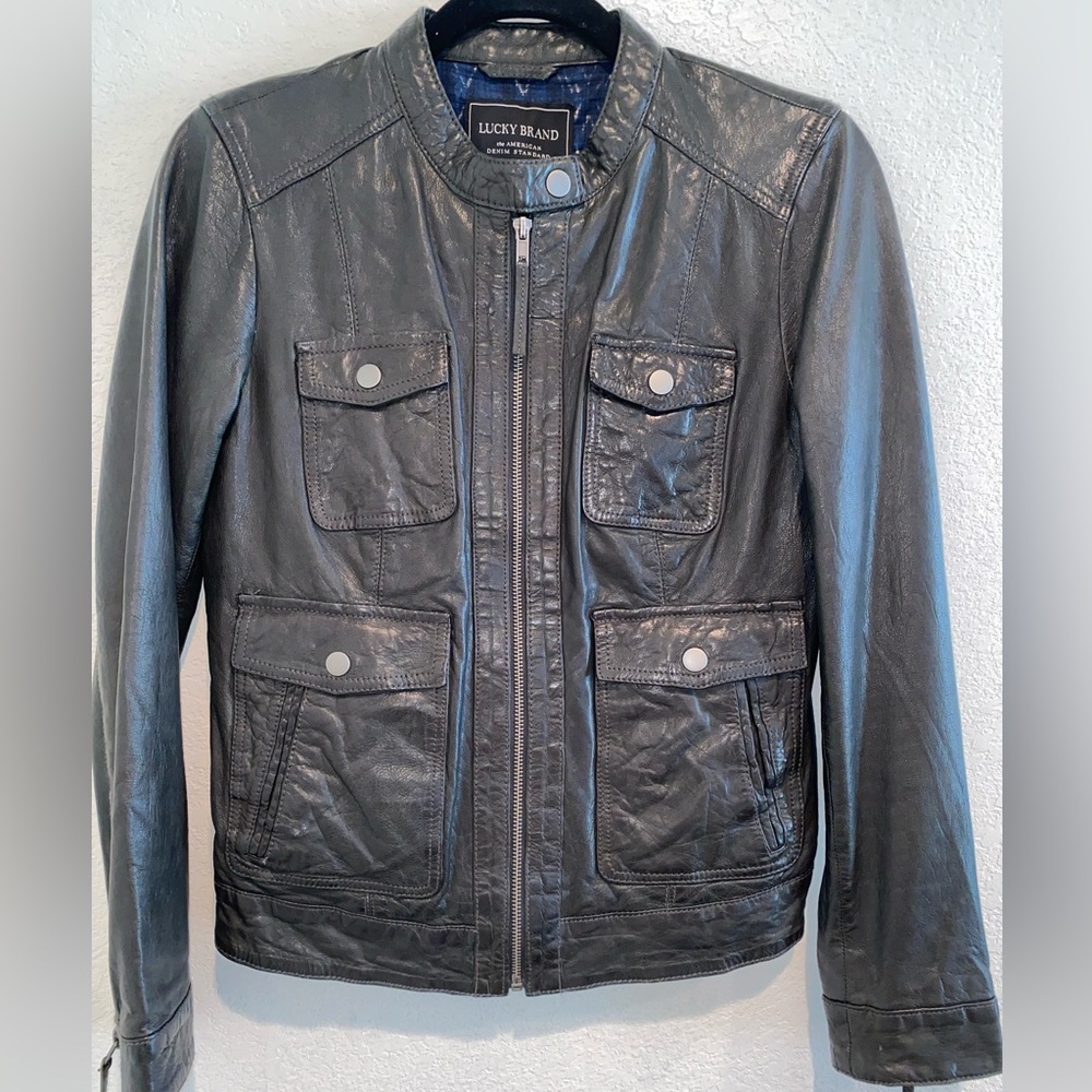 Lucky Brand Black Leather Moto Jacket with Blue Lining